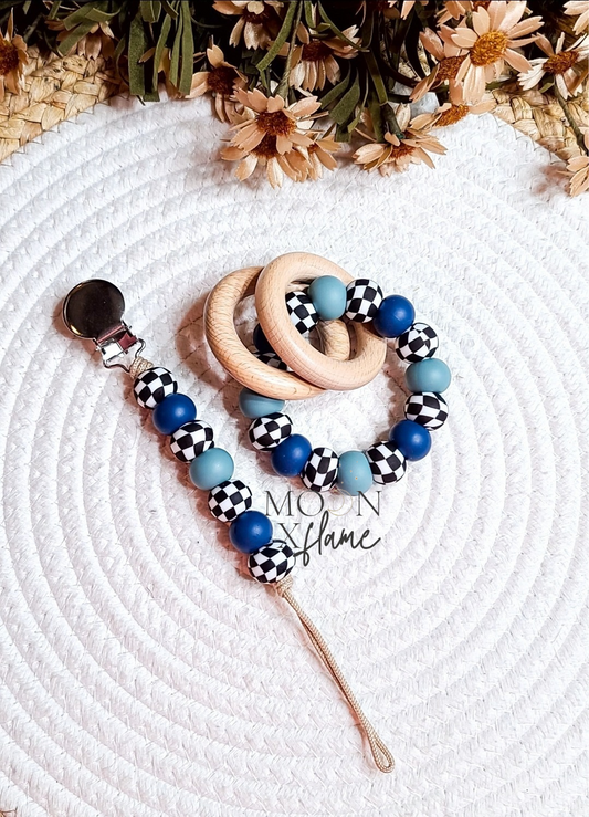 Blue Checkered Paci Clip / Teether Rattle