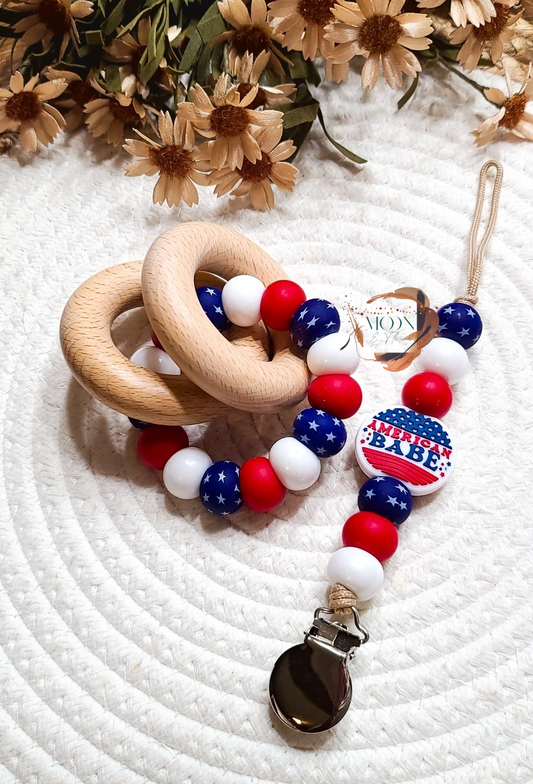 American Babe Pacifier Clip / Teether Rattle Set