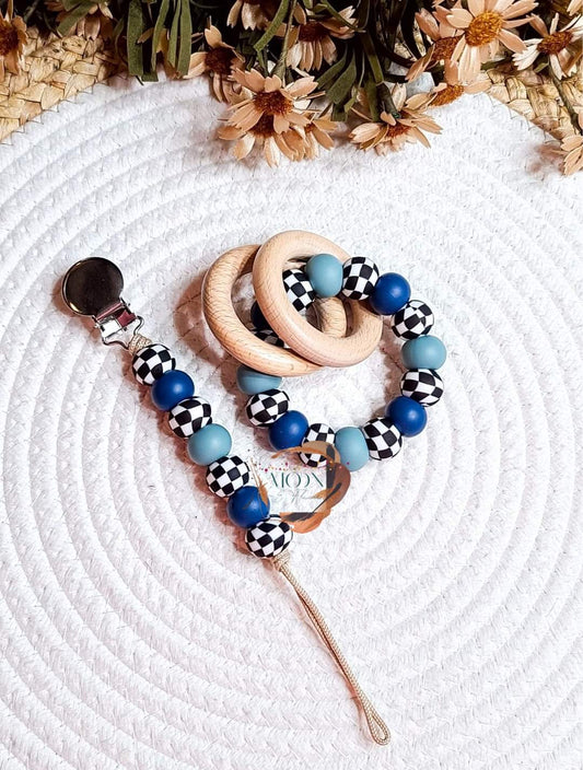 Blue Checkered Paci Clip / Teether Rattle